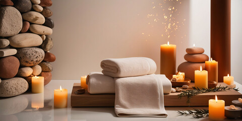 Spa background towel bath luxury concept massage, candles, bath, bathtub interior, therapy, natural essences, space for text