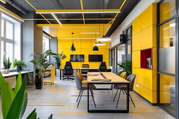 Wall Mural - Stylish office, lemon yellow and graphite accents, minimalist layout, 32k UHD,