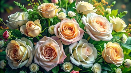 hermoso ramo de flores, rosas,flores blancas, con tallo y planta verde debajo, IA generativa