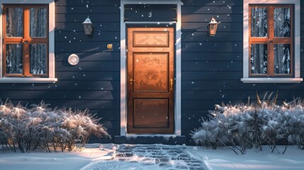 shiny copper door on a navy blue house, reflecting the muted winter sun and adding warmth to the chilly air