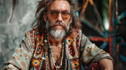 Wall Mural - portrait of a hippie senior man on gray background