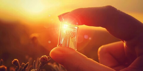 Leinwandbilder - Close-up of a glowing nano microchip held by fingers, highlighting the advanced technology and precision engineering in electronics