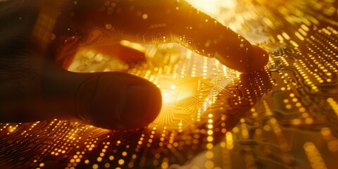 Leinwandbilder - Fingertip touching an illuminated microchip on a circuit board, emphasizing the integration of advanced technology and digital innovation