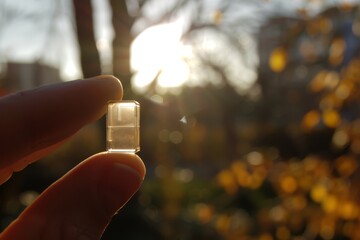 Leinwandbilder - Hand holding a transparent microchip against a blurred background with sunlight, symbolizing cutting-edge technology and innovation in electronics