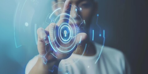 Leinwandbilder - Futuristic digital interface with hand interacting, illustrating technology and innovation in data visualization and cybernetic systems