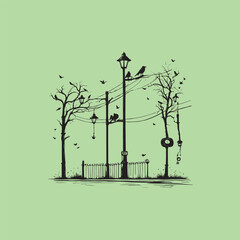 Crow sitting on lamp post in a city street. city life theme minimalist graphical presentation