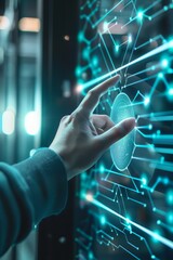 Leinwandbilder - Futuristic digital interface with hand interacting, illustrating technology and innovation in data visualization and cybernetic systems