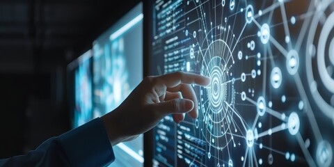 Leinwandbilder - Futuristic digital interface with hand interacting, illustrating technology and innovation in data visualization and cybernetic systems