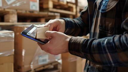 Logistics, hands and man scanning barcode in warehouse with tablet for price or serial number. Cardboard, package and closeup of male cargo worker with digital technology for inventory in storage.