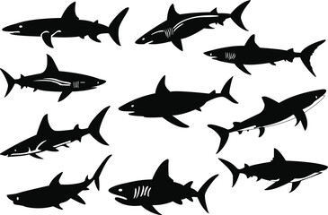 Set of shark silhouettes. Shark vector illustrations 2