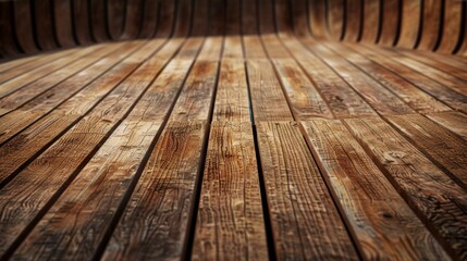 Wall Mural - This image captures a textured view of a wooden floor, featuring curved wooden planks that provide a unique perspective and emphasize the intricate details of the wood grain.