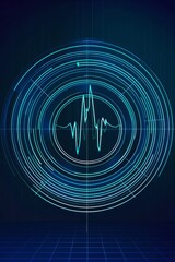 Poster - Abstract digital pulse representation in blue, showcasing futuristic technology and dynamic frequency waves with a high-tech design