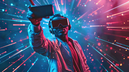 Wall Mural - A man wearing a virtual reality headset takes a selfie against a background of colorful neon lights