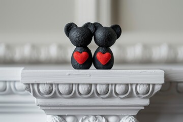 Wall Mural - Two black heart teddy bears with red hearts representing love and affection in a cute modern design with a touch of whimsy