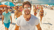 © bluecreamy - ethereal portrait, a handsome man on the sunny summer bustling beach, with wavy hair and a beard, smiling warmly, wearing sunglasses and a white t-shirt, bathed in warm, golden sunlight