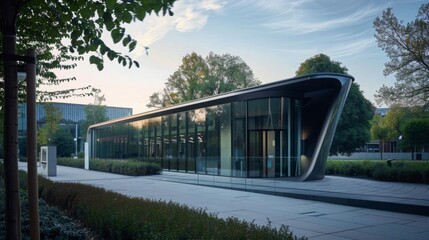 Aufkleber - A modern glass building with a curved roof sits in a park setting, surrounded by lush greenery and trees. The building has a sleek, contemporary design with large windows.