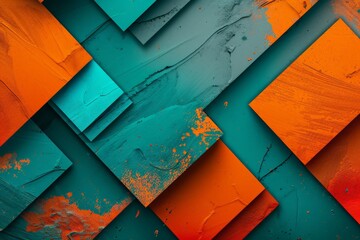 Leinwandbilder - This image portrays an abstract design with layered geometric shapes in teal and orange, featuring rich textures and contrasting colors for a visually striking composition.
