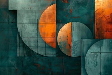 Leinwandbilder - The image displays a geometric abstraction with curves and a teal-orange color palette, creating an intricate design that's rich with textures and a modern aesthetic charm.