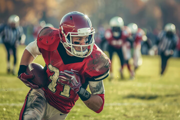 American football player sprinting and holding the ball tightly during a game