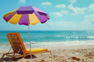 Wall Mural - Idyllic beach scene featuring a vibrant multi-colored umbrella shading a lounge chair on pristine sand, with a tranquil ocean stretching out in the background under a blue sky.