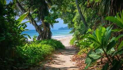 Sticker - Pathway Through Lush Greenery Leading to a Crystal Clear Sea