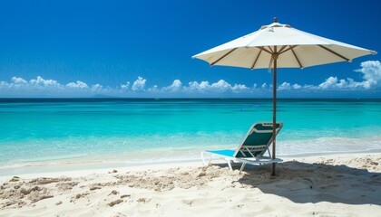 Sticker - Tranquil Beach Scene with Umbrella and Chair by the Sea