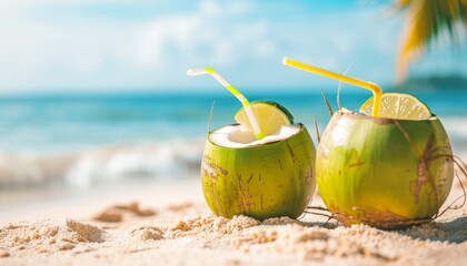 Sticker - Refreshing Coconut Drinks with Citrus on a Tropical Beach