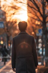 Poster - a man in a suit walking down a sidewalk