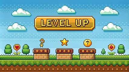 Retro style pixel art game background with level up button	