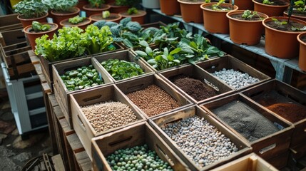 Poster - a variety of plants and seeding supplies in wooden boxes