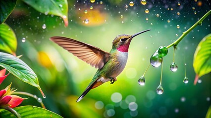 colorful humming bird are flying near flowers and pecking at water droplets falling from beautiful w