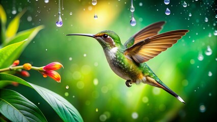 colorful humming bird are flying near flowers and pecking at water droplets falling from beautiful w