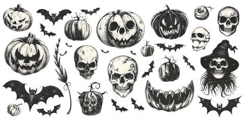 Wall Mural - A collection of Halloween themed images including skulls, pumpkins, and bats