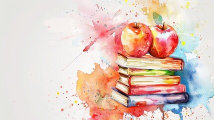 Wall Mural - Colorful Watercolor Teachers' Day Card with Apples and Books