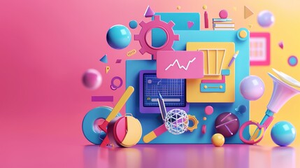 Wall Mural - technological symphony: bright 3d web development tools and icons background