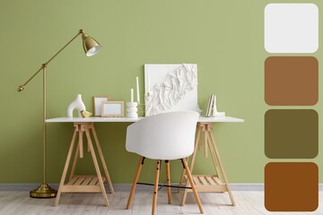 Wall Mural - Stylish workplace with candles, frames and decor near olive wall. Different color patterns