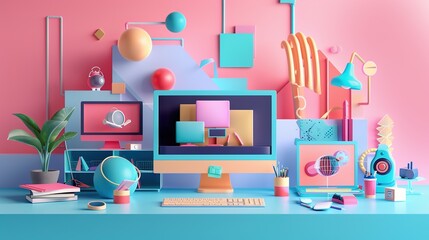 Wall Mural - digital abstract: vibrant 3d web development environments with layered elements and textures