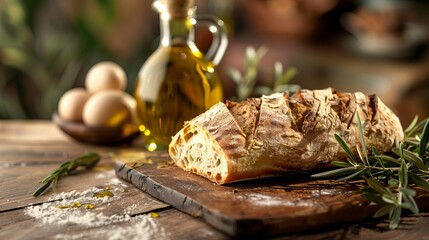 Wall Mural - Rustic style bread on wooden board with eggs and olive oil in background. Perfect for culinary and food-themed projects. Focus on artisanal textures and natural lighting. AI