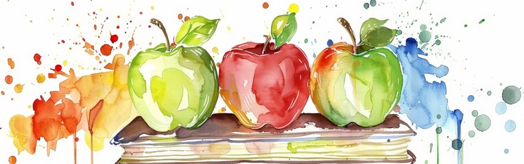 Wall Mural - Colorful Watercolor Teachers' Day Card with Apples and Books