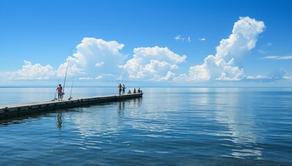 Sticker -  Tranquil Summer Day with People Fishing on a Pier by the Sea