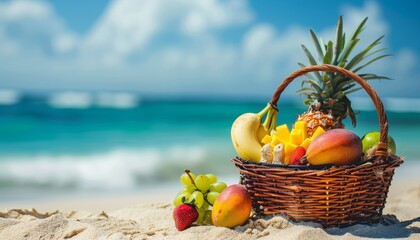 Sticker - Vibrant Fruit Basket on a Sunny Beach with Ocean Background