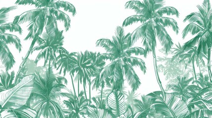 Wall Mural - A dense forest of palm trees forms a lush green background, creating a tropical, natural landscape filled with the beauty and tranquility of nature.