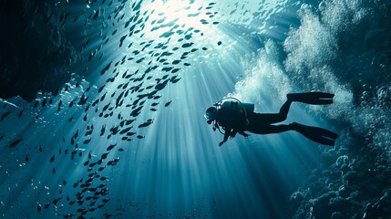 Wall Mural - Underwater Adventure with Diver in Ocean. Stunning marine life. Vibrant fish swirling around. Silhouetted scuba diver exploring ocean depths.