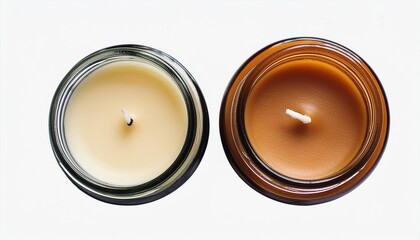 Canvas Print - two isolated candles burning soy wax candle in an amber glass jar and a cream colored tea light decorative lifestyle design elements over transparent background top view flat lay