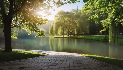 Poster - beautiful colorful summer spring natural landscape with a lake in park surrounded by green foliage of trees in sunlight and stone path in foreground