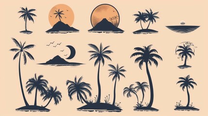 A collection of minimalist illustrations showcasing tropical islands with palm trees, sunsets, and serene landscapes, invoking a sense of peace and relaxation.