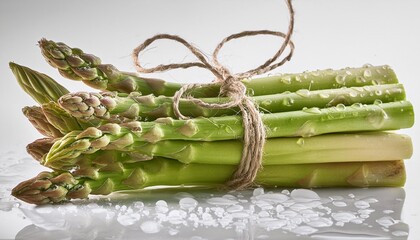 Wall Mural - fresh asparagus with water drops tied with string on white background