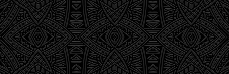 banner, cover design. relief geometric ethnic 3d pattern on a black background. artistic ornaments, 