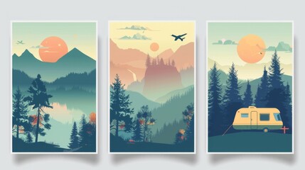 Wall Mural - Three artistic posters portray breathtaking scenic landscapes with mountains, forests, lakes, airplanes, and a camping trailer, evoking a sense of adventure and tranquility.