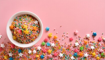 Wall Mural - colorful sprinkles on a pink background top view with copy space